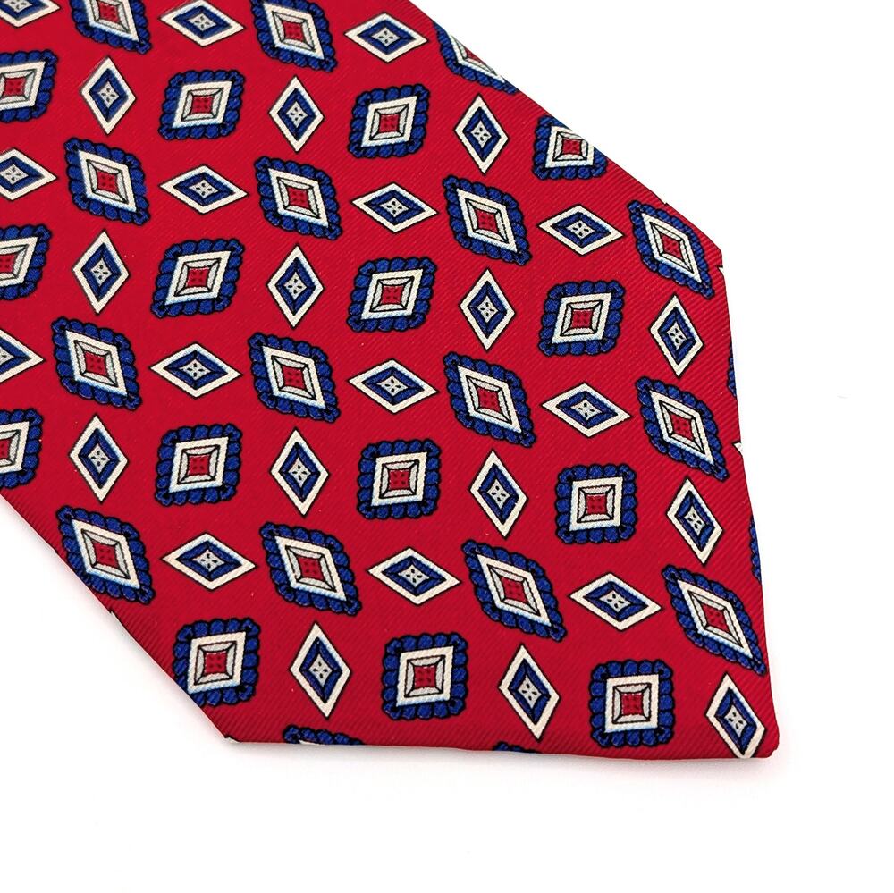 Vintage 80s Hardy Amies Silk Tie Geometric British Luxury Savile Row Red Navy